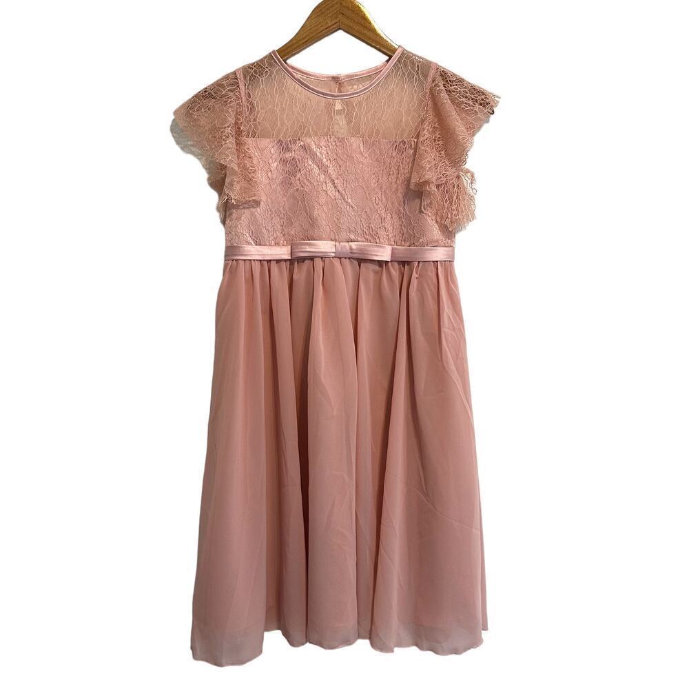 Girls Rose Pink Lace Flutter Sleeve Special Occasion Dress 12-13